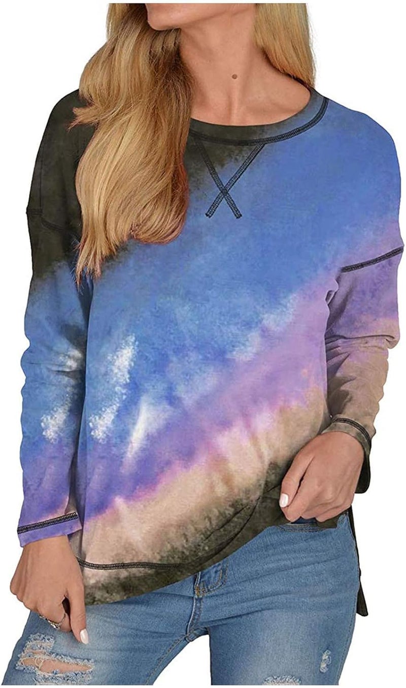 woobles Womens Sweatshirts for Ladies Tie Dye Printed Embroidery Collar Tunic Gradient Blouses Long Sleeve Pullovers - Image 1